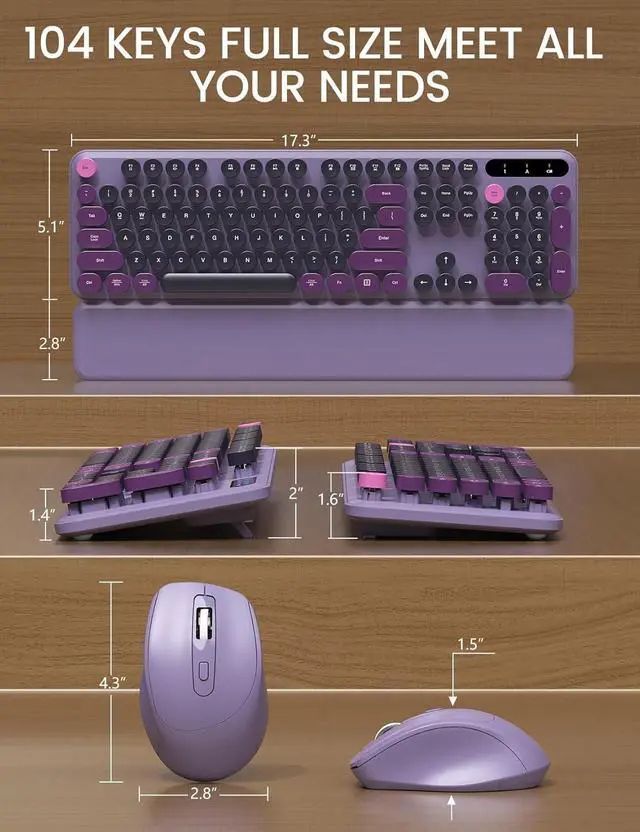 Alt view image 7 of 7 - FOR Wireless Keyboard and Mouse - Cute Typewriter Keyboard with Detachable Wrist Rest, Retro Round Keycaps, Foldable Legs, 2.4GHz Full-Size Keyboard Combo for PC, Laptop, Windows (Grape Purple)