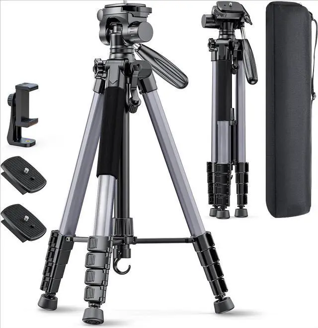 Main image of 74"-Camera-Tripod, Professional Aluminum Tripod/Leg Stand Mirrorless Camera/DSLR/Cell Phone/Camcorder/GoPro, with Phone Holder and Travel Bag (Gunmetal Gray) Weight 2.8 lbs Load 8.8 lbs