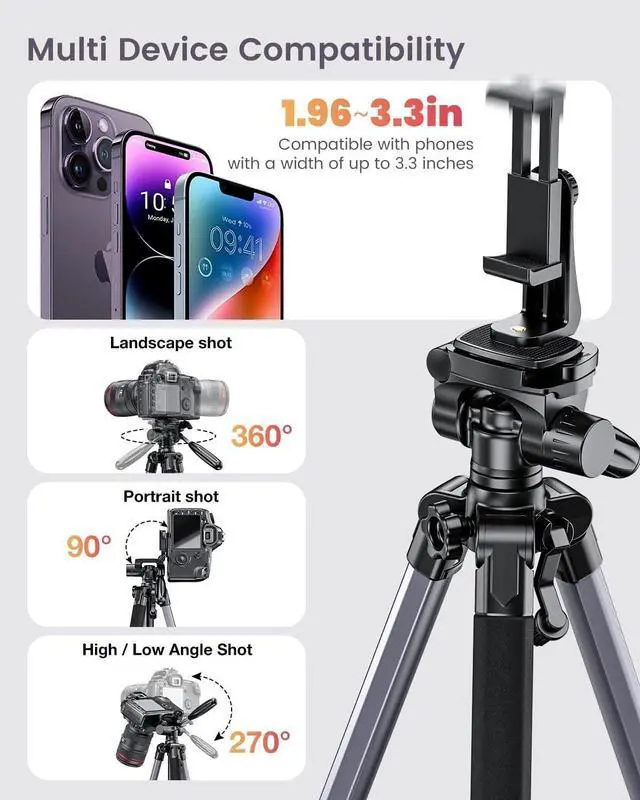 Alt view image 5 of 6 - 74"-Camera-Tripod, Professional Aluminum Tripod/Leg Stand Mirrorless Camera/DSLR/Cell Phone/Camcorder/GoPro, with Phone Holder and Travel Bag (Gunmetal Gray) Weight 2.8 lbs Load 8.8 lbs