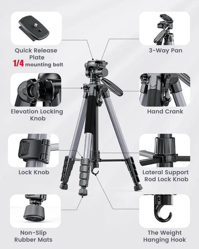 Alt view image 6 of 6 - 74"-Camera-Tripod, Professional Aluminum Tripod/Leg Stand Mirrorless Camera/DSLR/Cell Phone/Camcorder/GoPro, with Phone Holder and Travel Bag (Gunmetal Gray) Weight 2.8 lbs Load 8.8 lbs