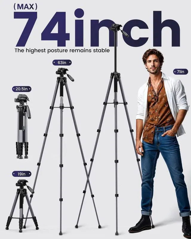 Alt view image 4 of 6 - 74"-Camera-Tripod, Professional Aluminum Tripod/Leg Stand Mirrorless Camera/DSLR/Cell Phone/Camcorder/GoPro, with Phone Holder and Travel Bag (Gunmetal Gray) Weight 2.8 lbs Load 8.8 lbs