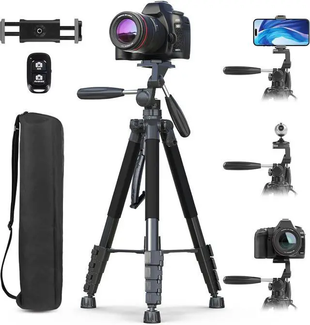 Main image of 74" Camera Tripod with Phone Holder and Remote, Heavy Duty Tripod Stand with Portable Bag for Phone and Camera, Compatible with DSLR Cameras, Cell Phones, Spotting Scopes and Binoculars