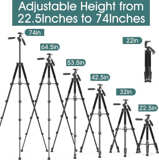 Alt view image 5 of 7 - 74" Camera Tripod with Phone Holder and Remote, Heavy Duty Tripod Stand with Portable Bag for Phone and Camera, Compatible with DSLR Cameras, Cell Phones, Spotting Scopes and Binoculars