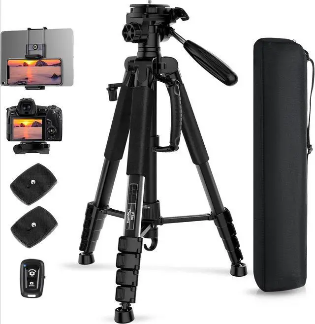 Main image of 75" Camera Tripod, Aluminum Heavy Duty Camera Stand for ipad Phone, Travel Tripod with/Carry Bag/Phone Tablet Holder, Compatible with Canon Nikon Sony DSLR, Spotting Scopes, Max Load 15 Lb(Black)