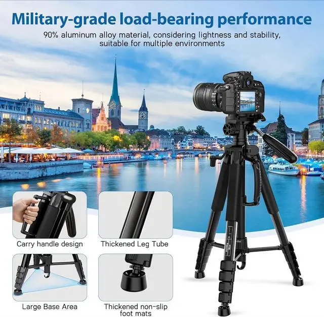Alt view image 6 of 7 - 75" Camera Tripod, Aluminum Heavy Duty Camera Stand for ipad Phone, Travel Tripod with/Carry Bag/Phone Tablet Holder, Compatible with Canon Nikon Sony DSLR, Spotting Scopes, Max Load 15 Lb(Black)
