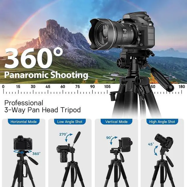Alt view image 4 of 7 - 75" Camera Tripod, Aluminum Heavy Duty Camera Stand for ipad Phone, Travel Tripod with/Carry Bag/Phone Tablet Holder, Compatible with Canon Nikon Sony DSLR, Spotting Scopes, Max Load 15 Lb(Black)