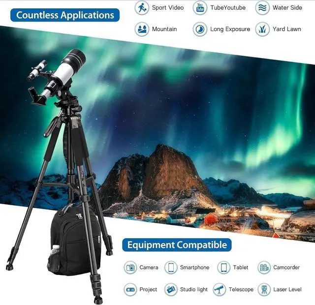 Alt view image 7 of 7 - 75" Camera Tripod, Aluminum Heavy Duty Camera Stand for ipad Phone, Travel Tripod with/Carry Bag/Phone Tablet Holder, Compatible with Canon Nikon Sony DSLR, Spotting Scopes, Max Load 15 Lb(Black)