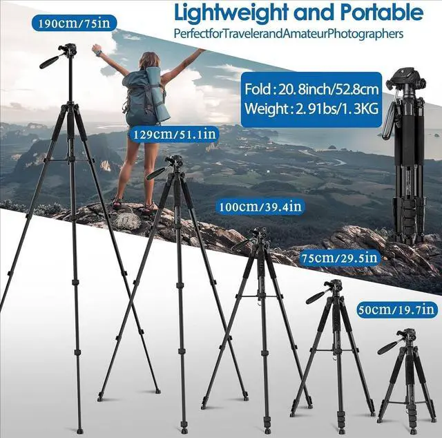 Alt view image 3 of 7 - 75" Camera Tripod, Aluminum Heavy Duty Camera Stand for ipad Phone, Travel Tripod with/Carry Bag/Phone Tablet Holder, Compatible with Canon Nikon Sony DSLR, Spotting Scopes, Max Load 15 Lb(Black)