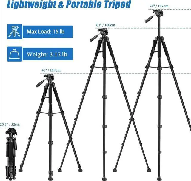 Alt view image 2 of 7 - Tripod Camera Tripods, 74" Tripod for Camera Phone Video Recording, Heavy Duty Cameras Tripod Stand, Professional Travel DSLR Tripods Compatible with Canon iPhone, Max Load 15 LB