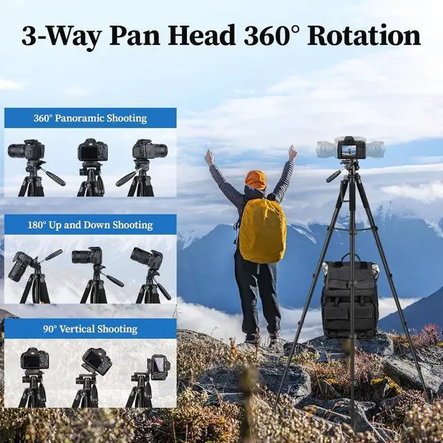 Alt view image 5 of 7 - Tripod Camera Tripods, 74" Tripod for Camera Phone Video Recording, Heavy Duty Cameras Tripod Stand, Professional Travel DSLR Tripods Compatible with Canon iPhone, Max Load 15 LB