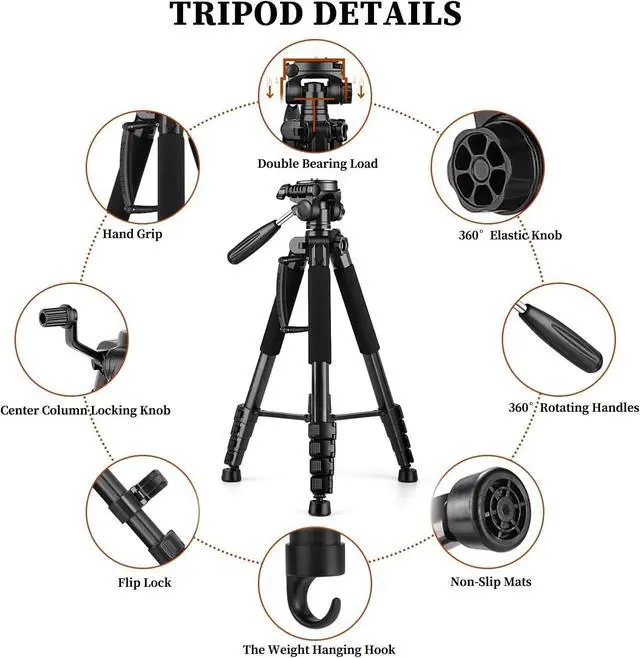 Alt view image 7 of 7 - Tripod Camera Tripods, 74" Tripod for Camera Phone Video Recording, Heavy Duty Cameras Tripod Stand, Professional Travel DSLR Tripods Compatible with Canon iPhone, Max Load 15 LB