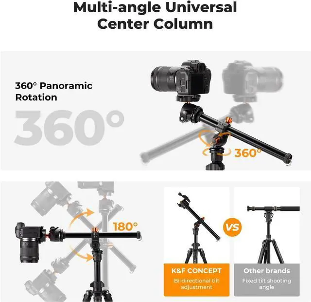 Alt view image 2 of 7 - 76 inch Camera Tripod with Rotatable Multi-Angle Center Column,Lightweight Travel Outdoor DSLR Tripods with 360 Degree Ball Head Load Capacity 8kg/17.6lbs, Cellphone Clips for Smartphone