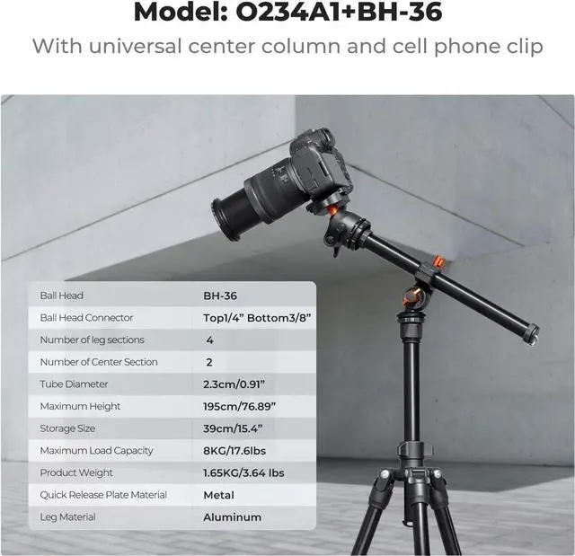 Alt view image 6 of 7 - 76 inch Camera Tripod with Rotatable Multi-Angle Center Column,Lightweight Travel Outdoor DSLR Tripods with 360 Degree Ball Head Load Capacity 8kg/17.6lbs, Cellphone Clips for Smartphone