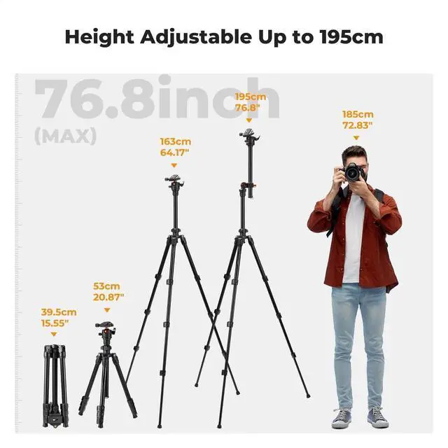 Alt view image 5 of 7 - 76 inch Camera Tripod with Rotatable Multi-Angle Center Column,Lightweight Travel Outdoor DSLR Tripods with 360 Degree Ball Head Load Capacity 8kg/17.6lbs, Cellphone Clips for Smartphone