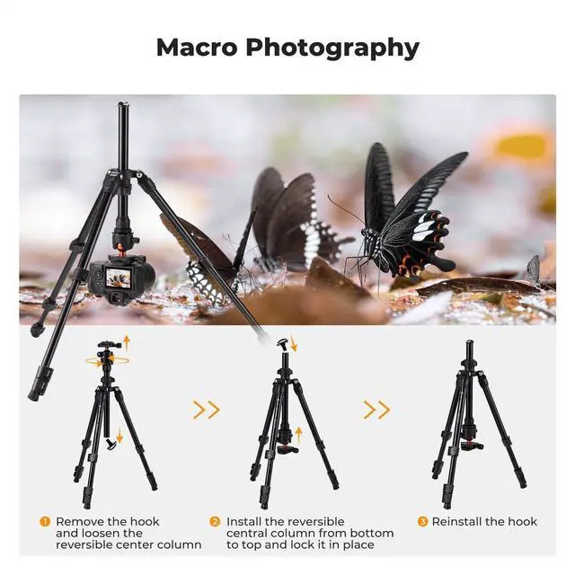 Alt view image 4 of 7 - 76 inch Camera Tripod with Rotatable Multi-Angle Center Column,Lightweight Travel Outdoor DSLR Tripods with 360 Degree Ball Head Load Capacity 8kg/17.6lbs, Cellphone Clips for Smartphone