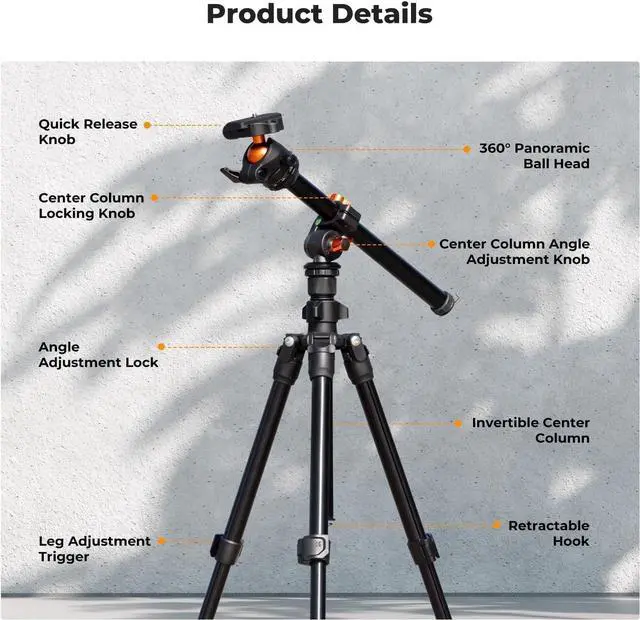 Alt view image 7 of 7 - 76 inch Camera Tripod with Rotatable Multi-Angle Center Column,Lightweight Travel Outdoor DSLR Tripods with 360 Degree Ball Head Load Capacity 8kg/17.6lbs, Cellphone Clips for Smartphone
