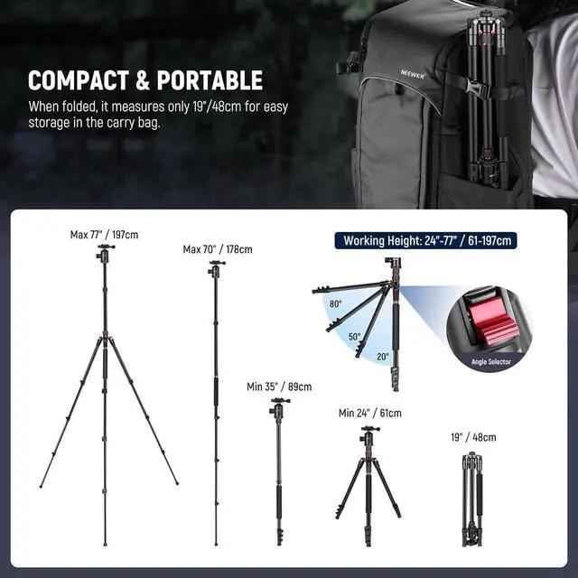 Alt view image 3 of 7 - 77 inch Camera Tripod Monopod for DSLR, Phone with 360° Panoramic Ball Head, 2 Axis Center Column, Arca Type QR Plate, Compact Aluminum Lightweight Travel Tripod 34lb Max Load, Bag Included