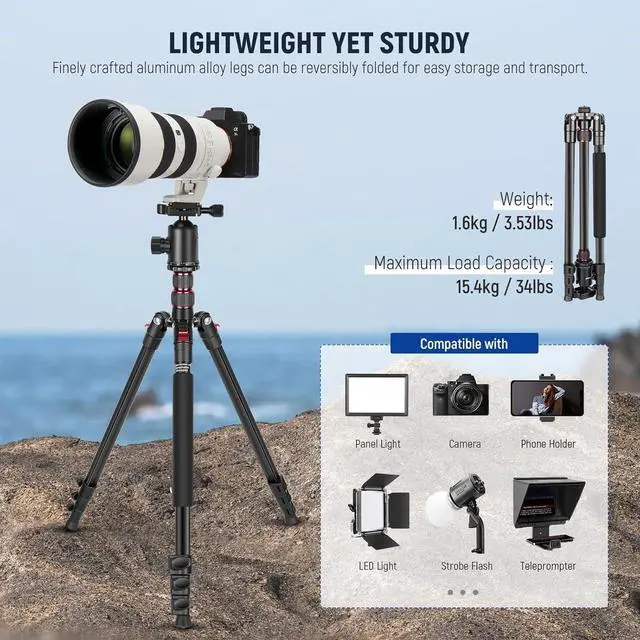Alt view image 2 of 7 - 77 inch Camera Tripod Monopod for DSLR, Phone with 360° Panoramic Ball Head, 2 Axis Center Column, Arca Type QR Plate, Compact Aluminum Lightweight Travel Tripod 34lb Max Load, Bag Included