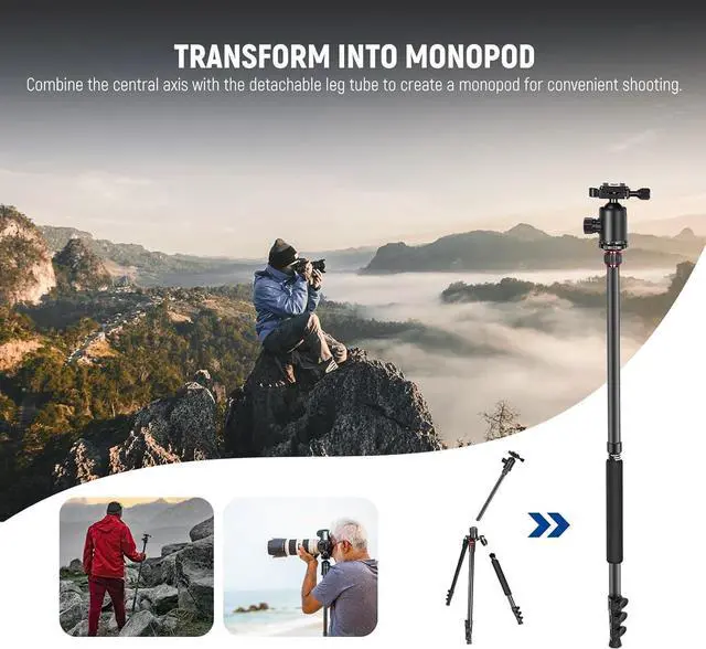 Alt view image 6 of 7 - 77 inch Camera Tripod Monopod for DSLR, Phone with 360° Panoramic Ball Head, 2 Axis Center Column, Arca Type QR Plate, Compact Aluminum Lightweight Travel Tripod 34lb Max Load, Bag Included