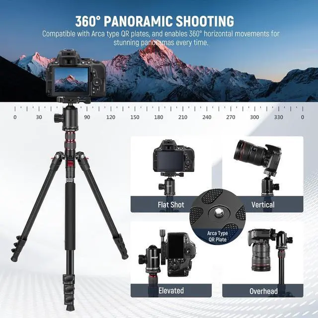 Alt view image 4 of 7 - 77 inch Camera Tripod Monopod for DSLR, Phone with 360° Panoramic Ball Head, 2 Axis Center Column, Arca Type QR Plate, Compact Aluminum Lightweight Travel Tripod 34lb Max Load, Bag Included