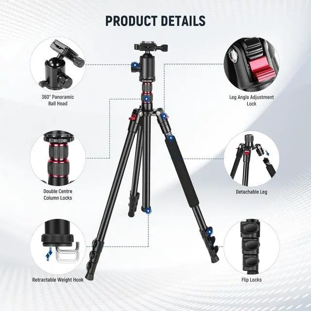 Alt view image 7 of 7 - 77 inch Camera Tripod Monopod for DSLR, Phone with 360° Panoramic Ball Head, 2 Axis Center Column, Arca Type QR Plate, Compact Aluminum Lightweight Travel Tripod 34lb Max Load, Bag Included