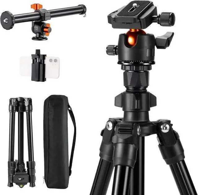 Main image of 76 inch Camera Tripod with Rotatable Multi-Angle Center Column,Lightweight Travel Outdoor DSLR Tripods with 360 Degree Ball Head Load Capacity 8kg/17.6lbs, Cellphone Clips for Smartphone