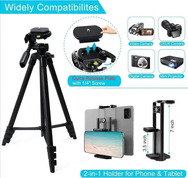 Alt view image 2 of 7 - 60'' Camera Tripod Camera Stand for Canon Rebel Eos Nikon DSLR, Travel Tripods for Phone Tablet with Remote Black