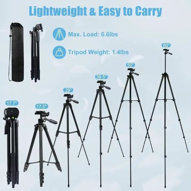 Alt view image 6 of 7 - 60'' Camera Tripod Camera Stand for Canon Rebel Eos Nikon DSLR, Travel Tripods for Phone Tablet with Remote Black