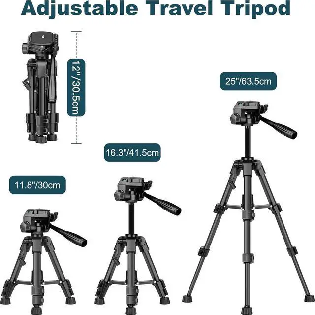 Alt view image 3 of 7 - Mini Tripod for Camera, 25" Tabletop Camera Tripod, Portable Travel Tripod w/Phone & Tablet Holder, Lightweight Aluminum Tripods for DSLR Phone