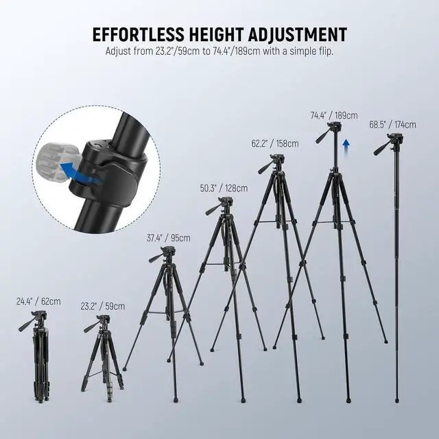 Alt view image 2 of 5 - Basic 74" Video Tripod Monopod, 3 Way Pan Tilt Head, Remote, Overhead Camera Mount, Horizontal Central Axis, Phone Holder Compatible with iPhone DSLR Telescope Projector, Max Load 17.6lb, TP05