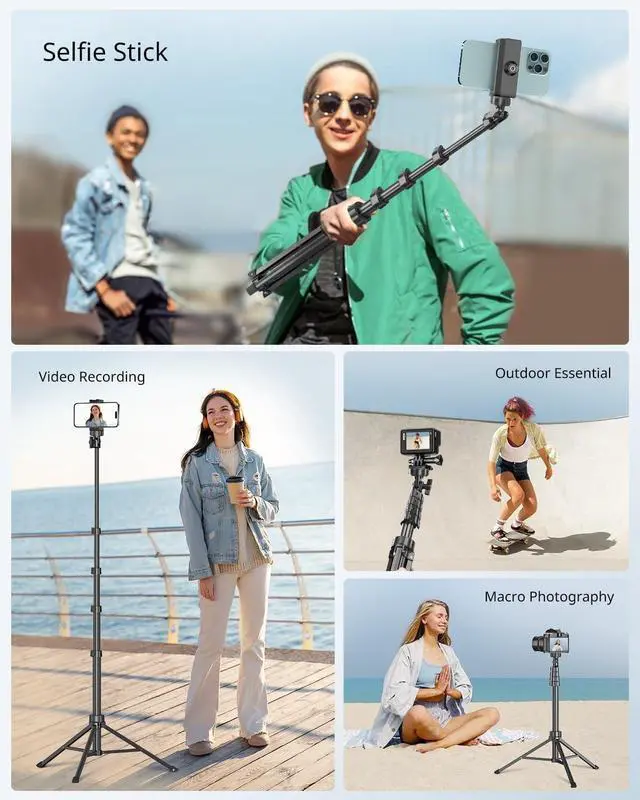 Alt view image 4 of 6 - 62" Phone Tripod & Selfie Stick, Extendable Cell Phone Tripod Stand with Wireless Remote and Phone Holder, Compatible with iPhone Android Phone, Camera