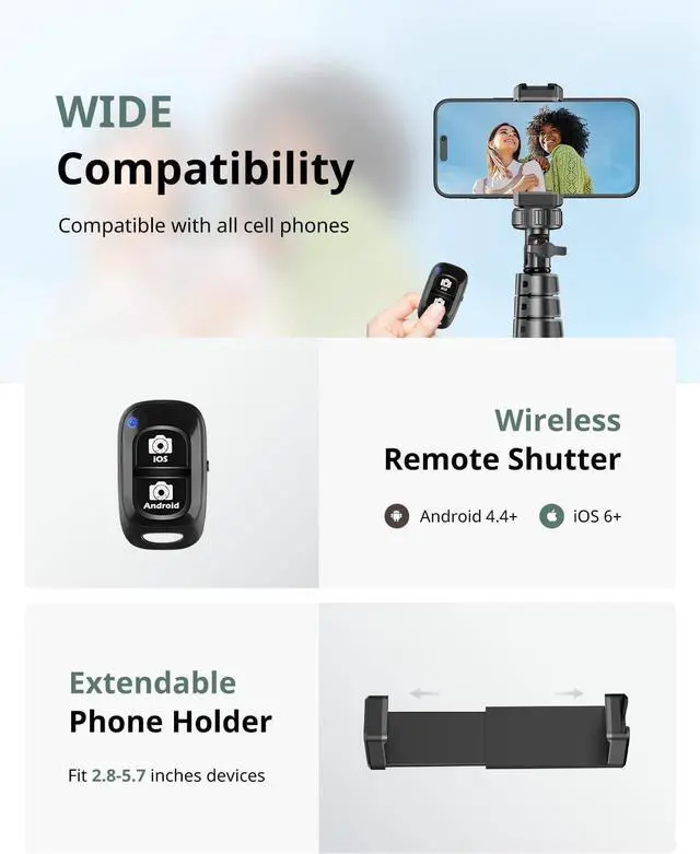 Alt view image 6 of 6 - 62" Phone Tripod & Selfie Stick, Extendable Cell Phone Tripod Stand with Wireless Remote and Phone Holder, Compatible with iPhone Android Phone, Camera