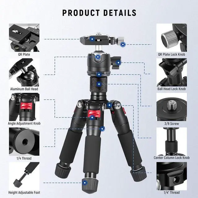 Alt view image 4 of 6 - Portable Desktop Mini Tripod Aluminum Alloy 20''/ 50cm Desk Tripod with 360 Degree Ball Head, 1/4 inch Quick Shoe Plate for DSLR Camera Video Camcorder, Load up to 11 pounds/5 kilograms