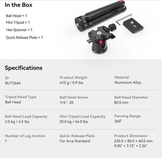 Alt view image 6 of 6 - for Mini Tripod for Camera, Updated Desktop Tabletop Tripod with Arca-Type Compatible QR Plate, 360° Ball Head and 1/4 Screws Portable for Compact Cameras DSLRs, Phone, Gopro - BUT2664