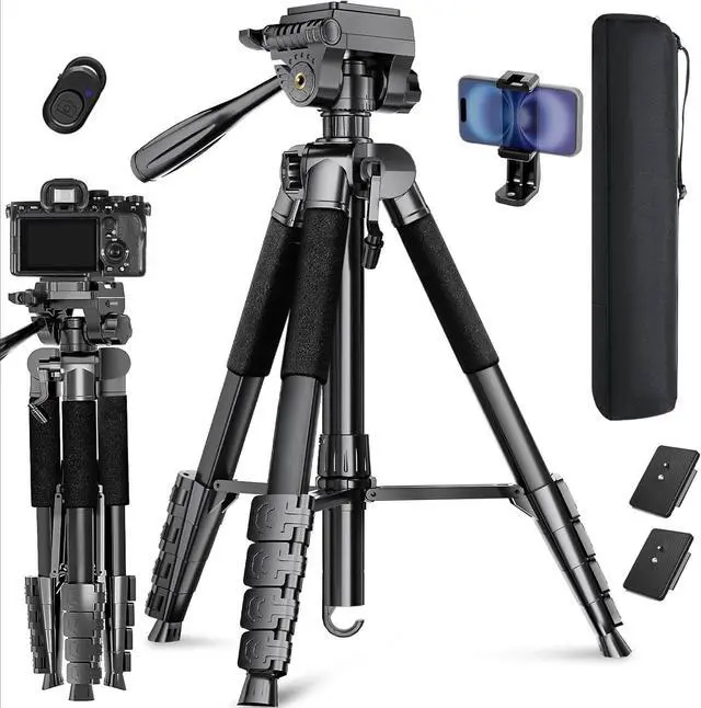 Main image of Camera Tripod, 74" DSLR Camera Tripod with 2 QR Plates for Sony/Nikon/Canon, Lightweight Video Tripod Stand for Travelling, Phone Tripod with Fluid Head/Phone Holder/Wireless Remote Max.Load 6kg