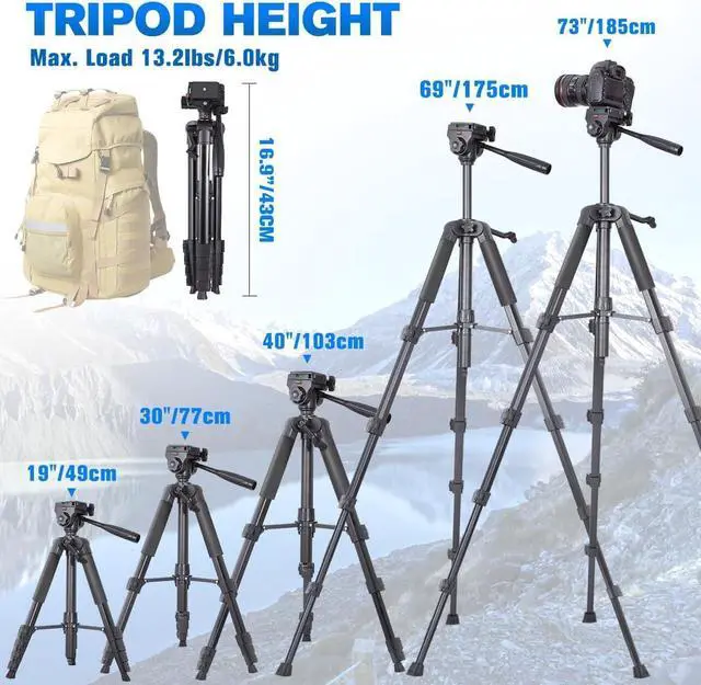 Alt view image 2 of 7 - Camera Tripod, 74" DSLR Camera Tripod with 2 QR Plates for Sony/Nikon/Canon, Lightweight Video Tripod Stand for Travelling, Phone Tripod with Fluid Head/Phone Holder/Wireless Remote Max.Load 6kg