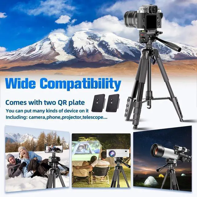Alt view image 6 of 7 - Camera Tripod, 74" DSLR Camera Tripod with 2 QR Plates for Sony/Nikon/Canon, Lightweight Video Tripod Stand for Travelling, Phone Tripod with Fluid Head/Phone Holder/Wireless Remote Max.Load 6kg