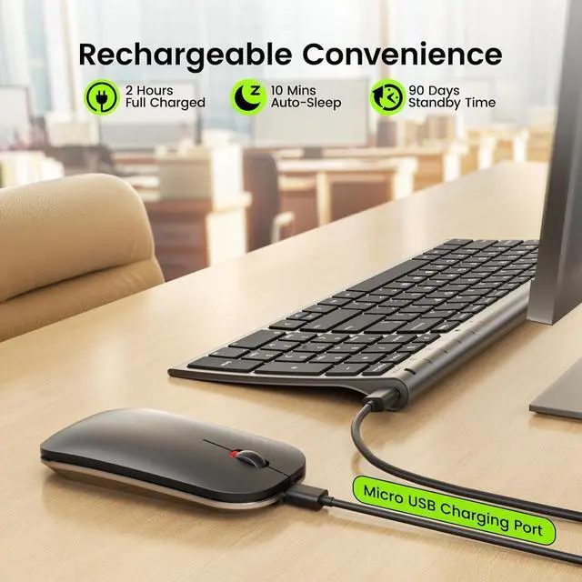 Alt view image 3 of 7 - FOR-Rechargeable Wireless Keyboard Mouse, Ultra Thin Low Profile Wireless Keyboard and Mouse with Number Pad, Quiet Portable Combo Compatible for Windows XP/7/8/10/11/11 Pro, Black and Grey