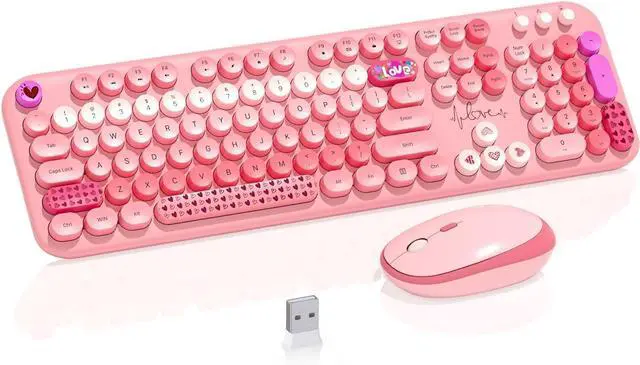 Main image of FOR-Wireless Keyboard Mouse,104 Full Size Cute Colorful Keyboard and Mouse with Retro Typewriter for PC/Mac/Laptop/Tablet/Computer/Windows/Microsoft, Pink