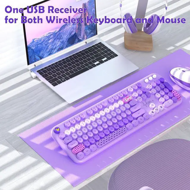 Alt view image 5 of 7 - Keyboard and Mouse Combo, 104 Keys Cute Colorful Keyboard and Mouse with Retro Typewriter for PC/Mac/Laptop/Tablet/Computer/Windows Microsoft, Purple