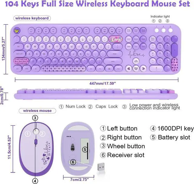 Alt view image 7 of 7 - Keyboard and Mouse Combo, 104 Keys Cute Colorful Keyboard and Mouse with Retro Typewriter for PC/Mac/Laptop/Tablet/Computer/Windows Microsoft, Purple