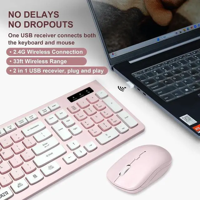 Alt view image 2 of 6 - Wireless Keyboard and Mouse Combo, 2.4G Full-Sized Keyboard and Mouse Cordless, 3 DPI Adjustable Mouse, Dual-System Keyboard for Computer/Laptop/Windows/Mac (Pink & White)