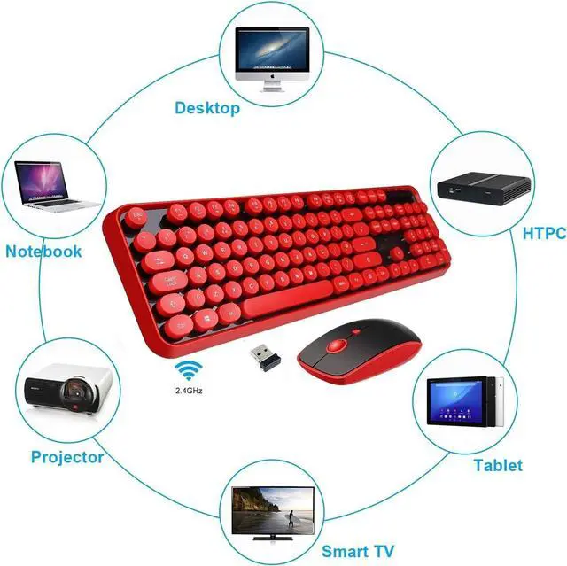 Alt view image 4 of 7 - FOR-Wireless Keyboard Mouse Combo,2.4GHz Waterproof Keyboard with Round Retro Style Red Key and Optical Wireless Gaming Mouse with 3 Adjustable DPI,Compatible with PC, Computer, Laptop, Desktopd