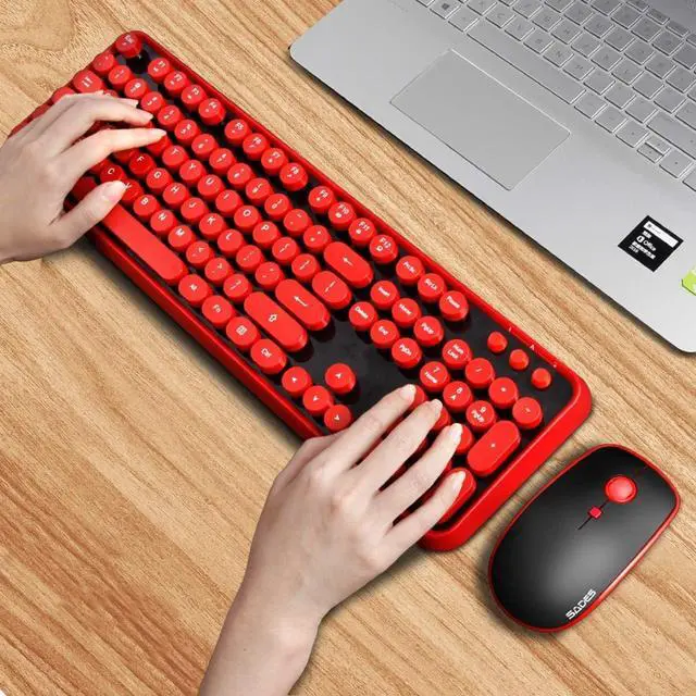 Alt view image 5 of 7 - FOR-Wireless Keyboard Mouse Combo,2.4GHz Waterproof Keyboard with Round Retro Style Red Key and Optical Wireless Gaming Mouse with 3 Adjustable DPI,Compatible with PC, Computer, Laptop, Desktopd