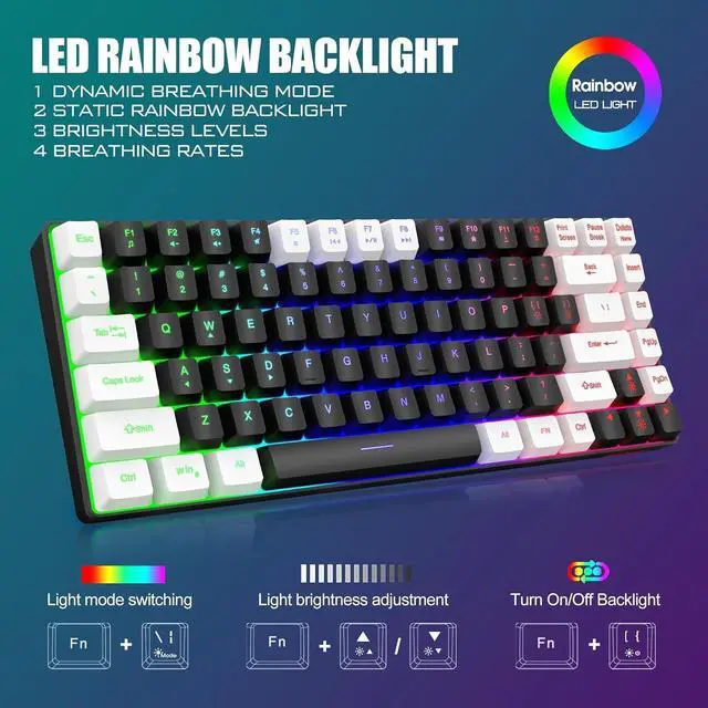 Alt view image 3 of 7 - K84 Wireless Keyboard and Mouse Combo, Rainbow Backlit Rechargeable Battery, 75% Layout TKL Ultra Compact Gaming Keyboard & Lightweight 3200 DPI Honeycomb Optical Mouse (Black-White)
