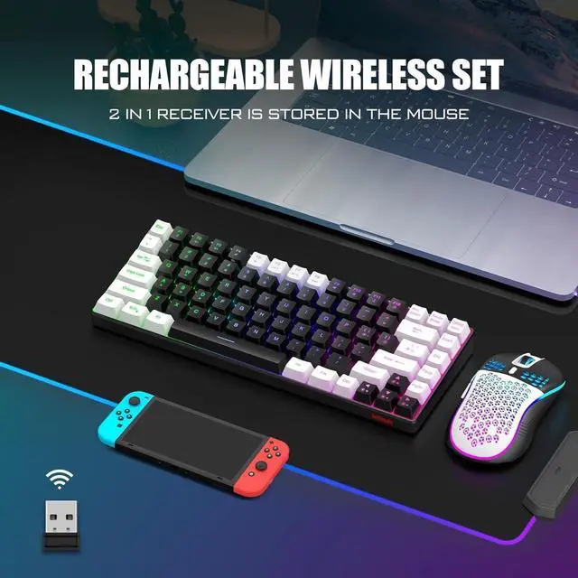 Alt view image 2 of 7 - K84 Wireless Keyboard and Mouse Combo, Rainbow Backlit Rechargeable Battery, 75% Layout TKL Ultra Compact Gaming Keyboard & Lightweight 3200 DPI Honeycomb Optical Mouse (Black-White)