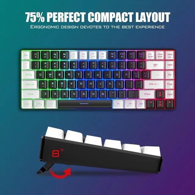 Alt view image 6 of 7 - K84 Wireless Keyboard and Mouse Combo, Rainbow Backlit Rechargeable Battery, 75% Layout TKL Ultra Compact Gaming Keyboard & Lightweight 3200 DPI Honeycomb Optical Mouse (Black-White)