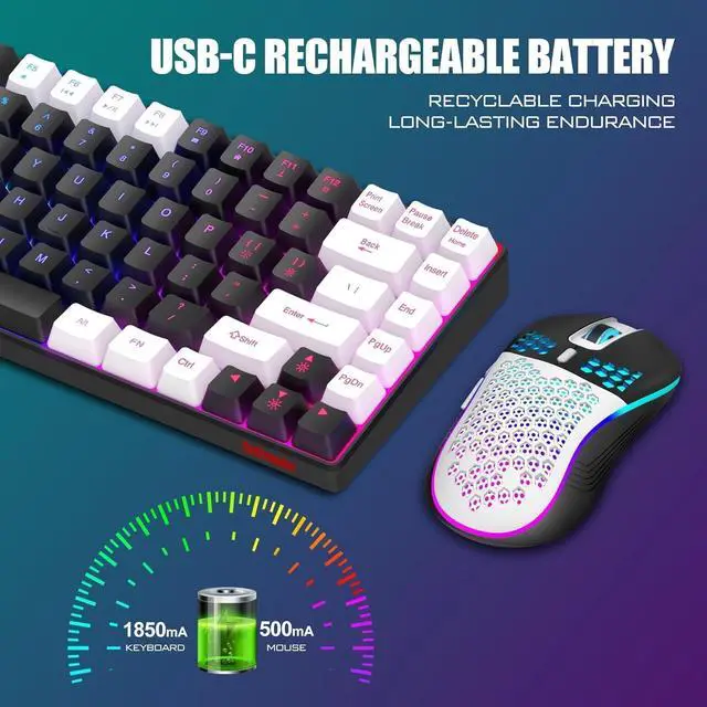 Alt view image 5 of 7 - K84 Wireless Keyboard and Mouse Combo, Rainbow Backlit Rechargeable Battery, 75% Layout TKL Ultra Compact Gaming Keyboard & Lightweight 3200 DPI Honeycomb Optical Mouse (Black-White)