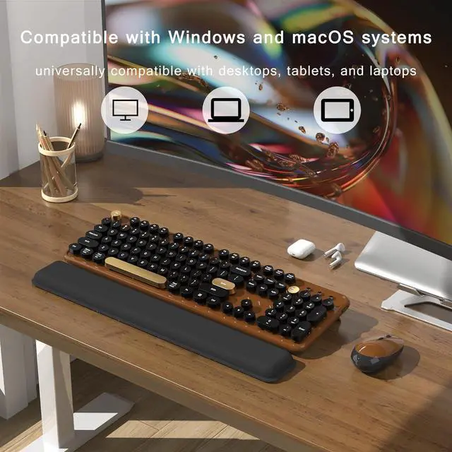 Alt view image 3 of 6 - Colorful Wireless Computer Keyboard and Mouse Combo with Round Typewriter Keycaps, Retro Design, Power Switch, Ergonomic Design, 2.4GHz Wireless for Windows, Mac, PC(Black-Brown)