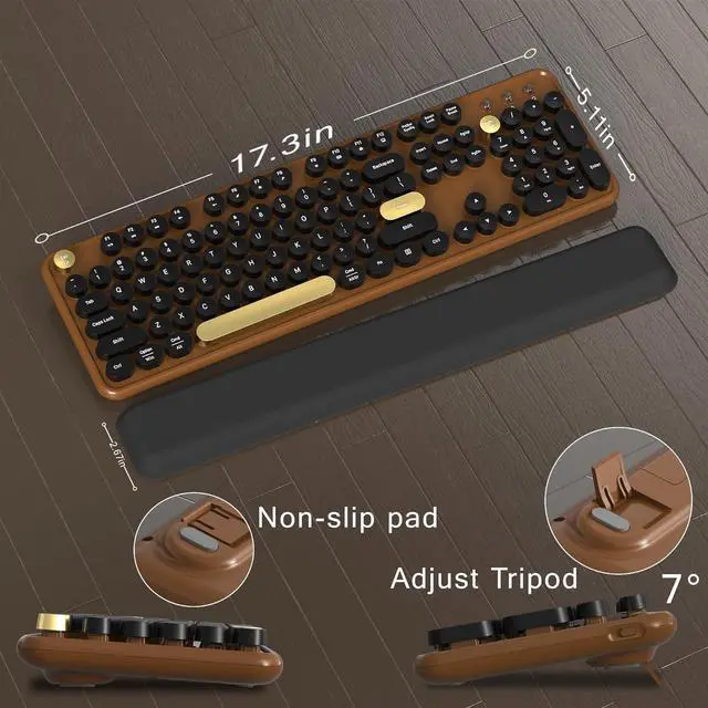 Alt view image 6 of 6 - Colorful Wireless Computer Keyboard and Mouse Combo with Round Typewriter Keycaps, Retro Design, Power Switch, Ergonomic Design, 2.4GHz Wireless for Windows, Mac, PC(Black-Brown)